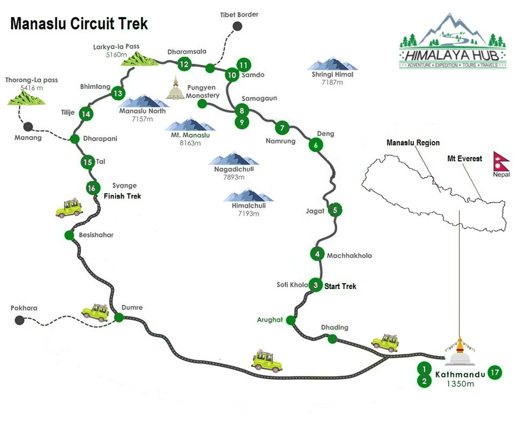 Manaslu circuit trek Map 